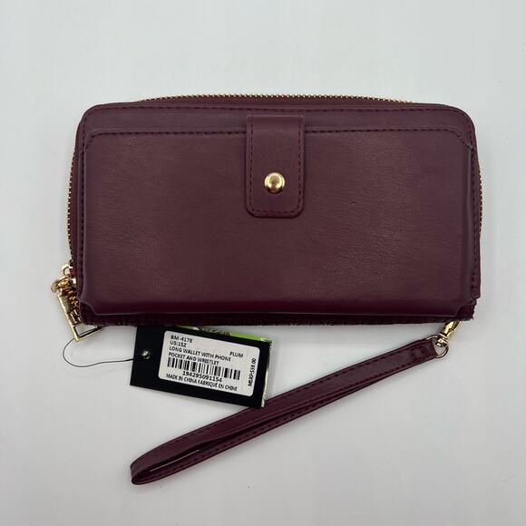 Badgley Mischka Womens Long Wallet Phone Pocket Wristlet Plum Vegan Leather NWT - Picture 2 of 14